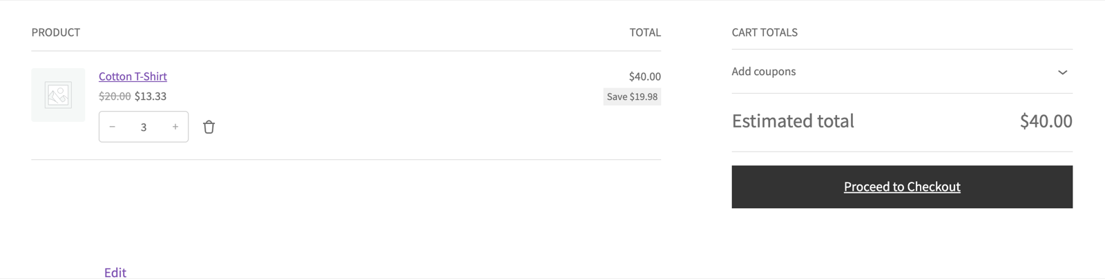 A WooCommerce cart with three t-shirts, unit price struck through from $20.00 to $13.33, and a total of $40.00
