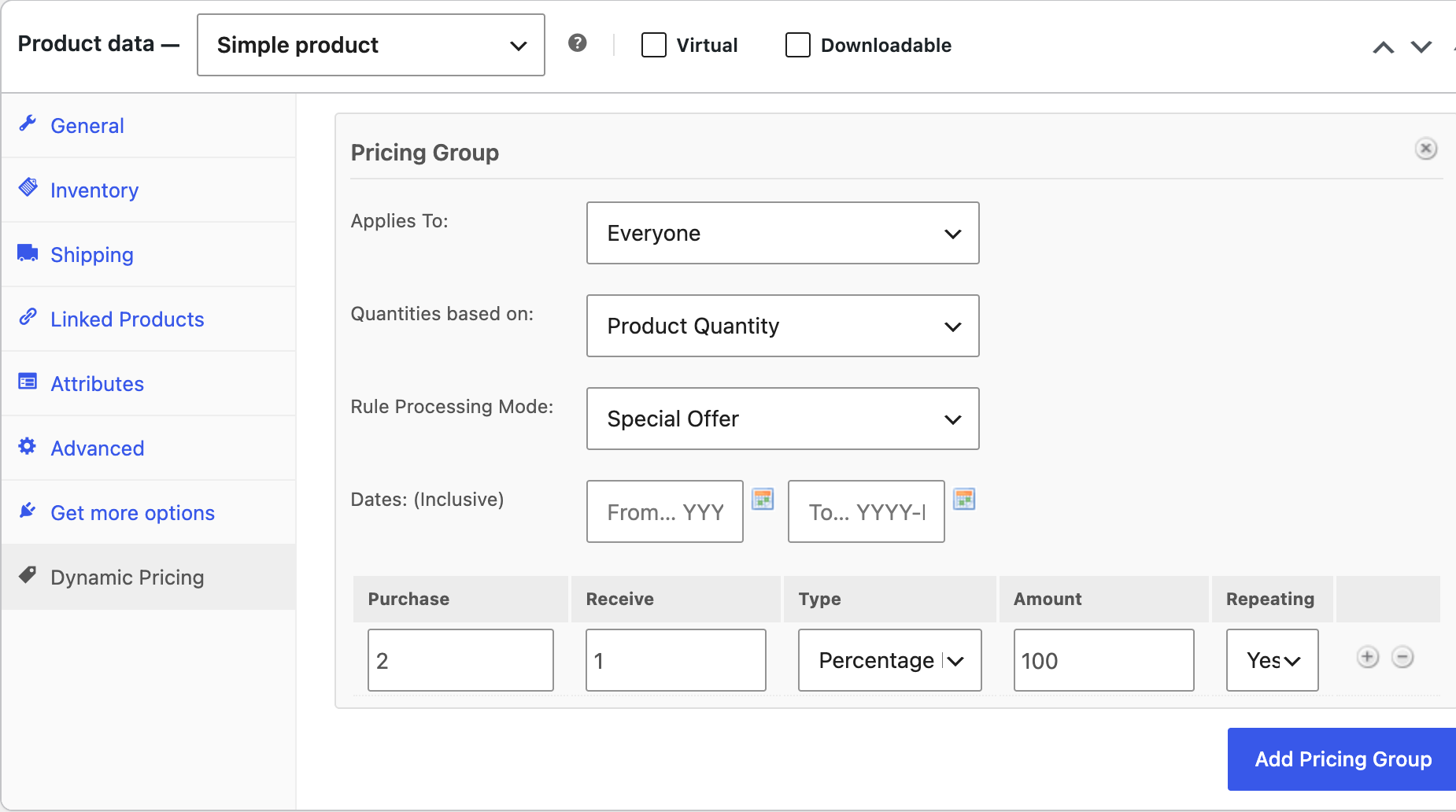 The Dynamic Pricing tab with Rule Processing Mode set to Special Offer, and a row reading Purchase 2, Receive 1, Percentage, 100, Repeating Yes